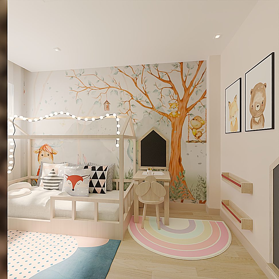 Quarto infantil com mural de árvore pintado na parede, cama casinha e marcenaria verde