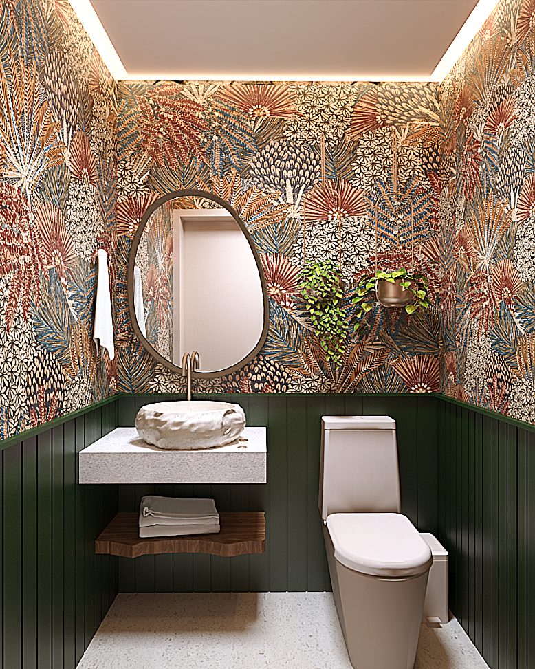 Lavabo com papel de parede botânico colorido, cuba de apoio e marcenaria verde