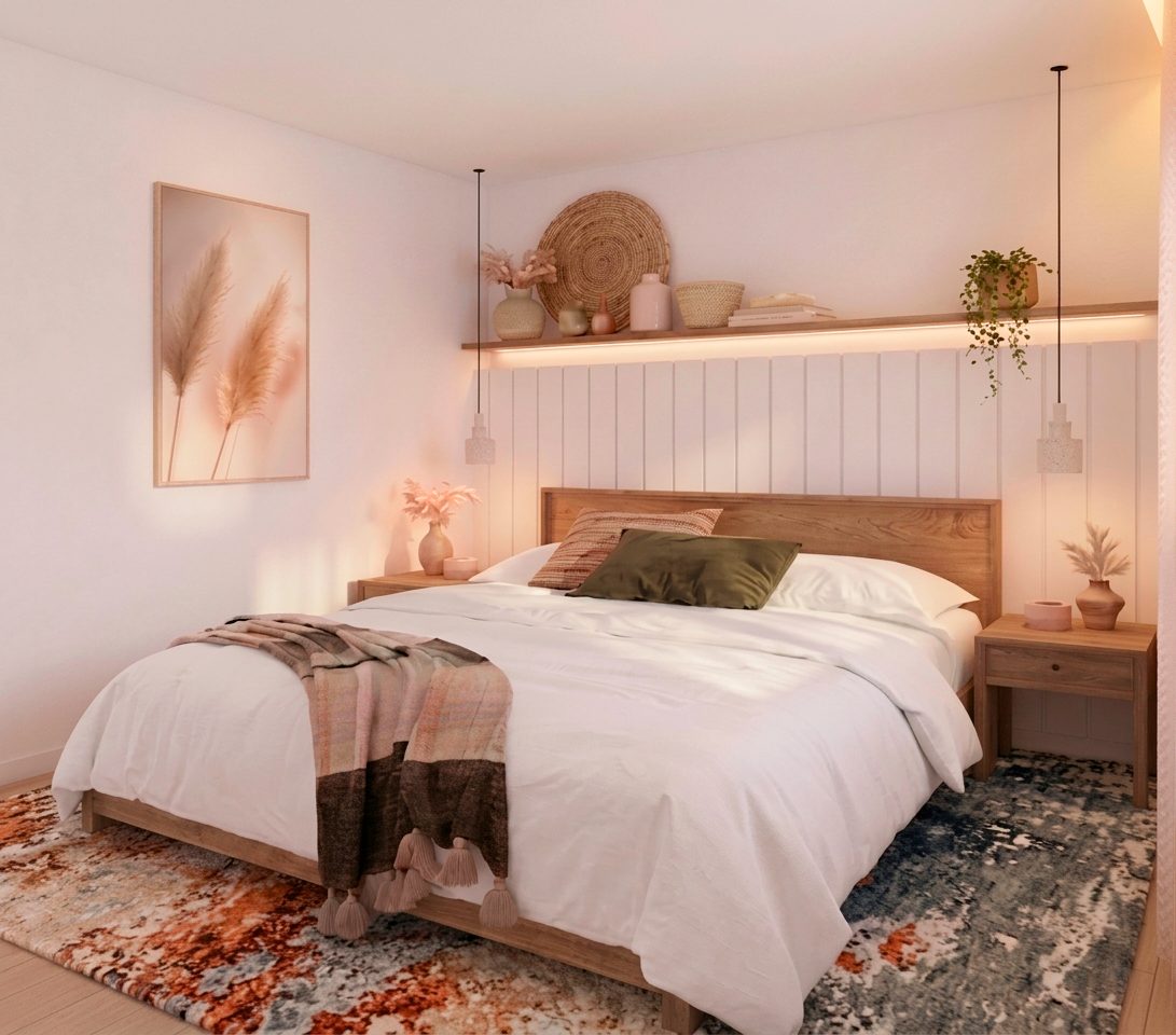 Suíte do casal vista de outro ângulo, com painel escuro atrás da cama e roupa de cama clara