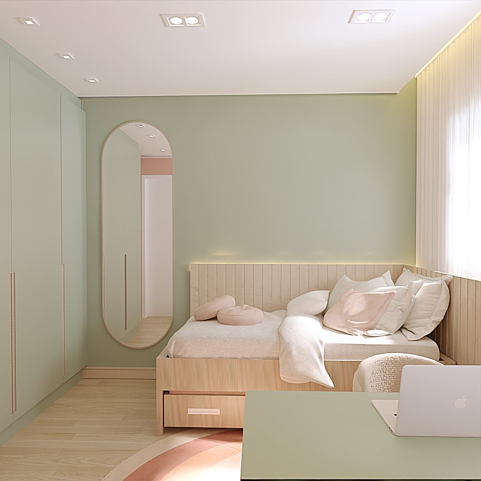 Suíte com paleta verde e rosa, penteadeira com espelho iluminado e cabeceira estofada