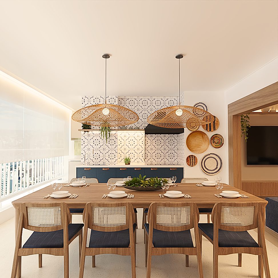 Varanda gourmet com mesa de madeira para oito, luminárias de fibra natural e painel de azulejos decorados