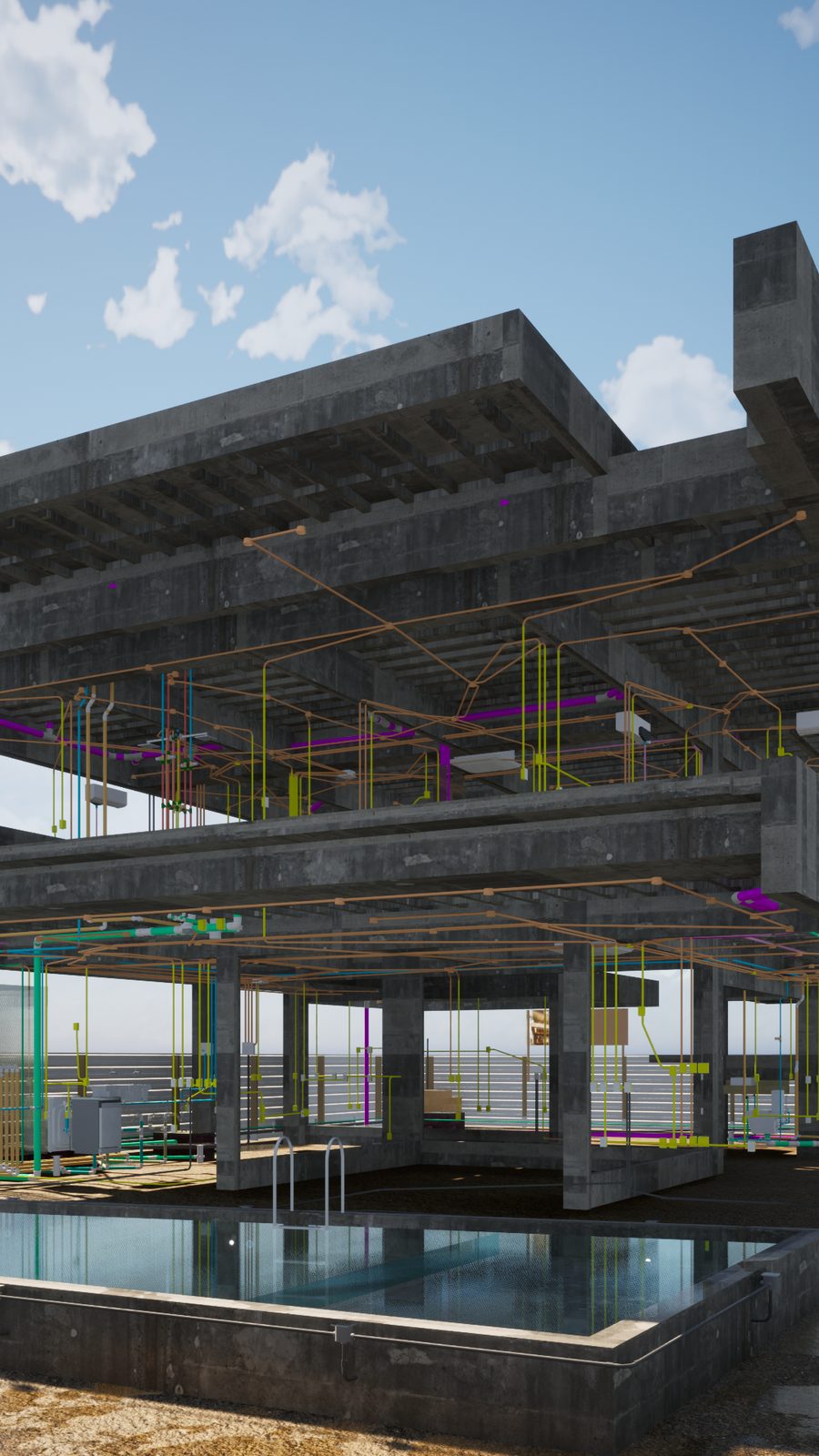 Render BIM de uma estrutura em concreto com as instalações elétricas e hidráulicas modeladas e coloridas por disciplina