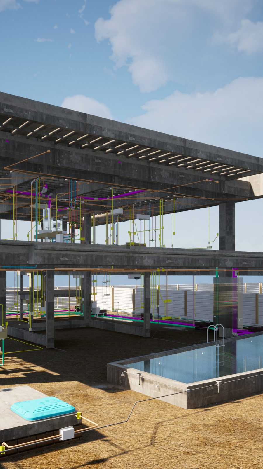Render BIM de uma estrutura em concreto com instalações modeladas e coloridas por disciplina