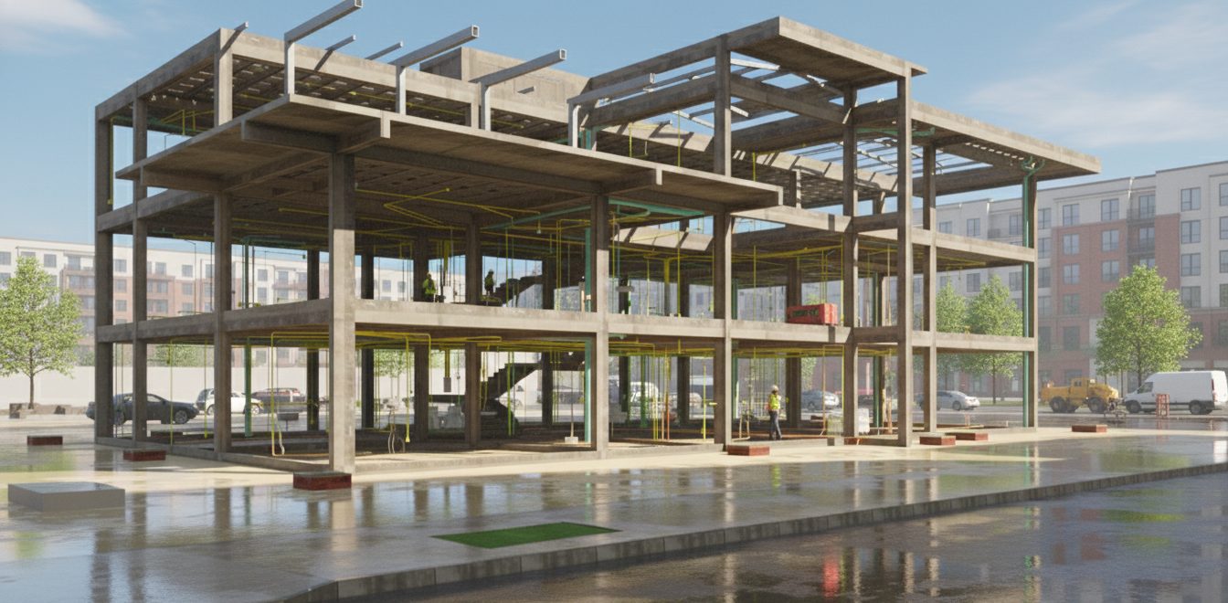 Modelo BIM de uma edificação de três pavimentos com estrutura em concreto e instalações aparentes