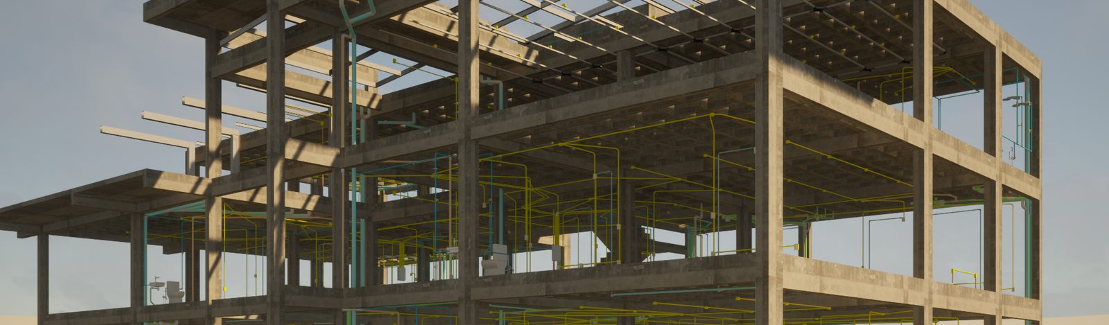 Vista ampla do modelo BIM de uma edificação de três pavimentos com estrutura e instalações