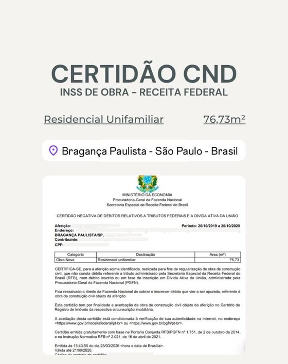 Certidão negativa de débitos de obra em Bragança Paulista, residencial unifamiliar de 76,73 m²
