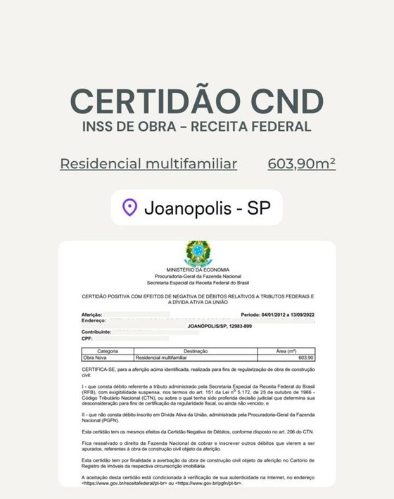 Certidão de obra em Joanópolis, residencial multifamiliar de 603,90 m²