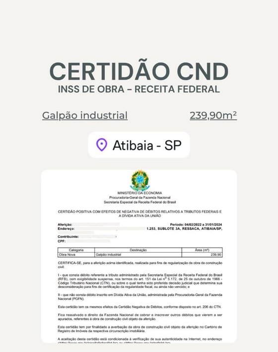 Certidão de obra em Atibaia, galpão industrial de 239,90 m²