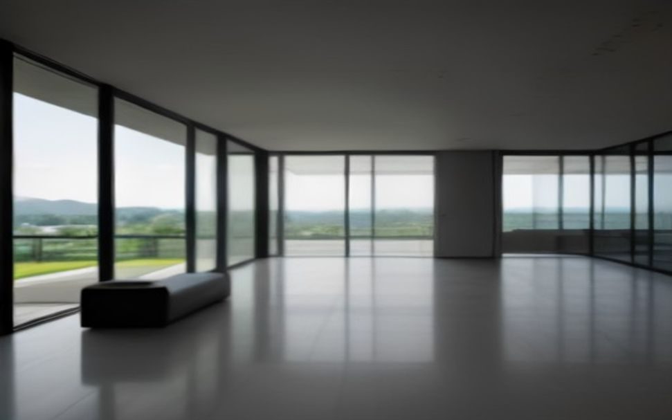 Sala ampla com fechamento de vidro de piso a teto voltado para a paisagem