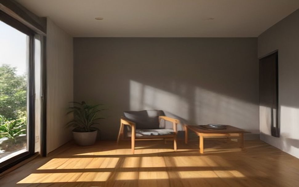 Sala com piso de madeira e a luz da tarde desenhando o caixilho no chão