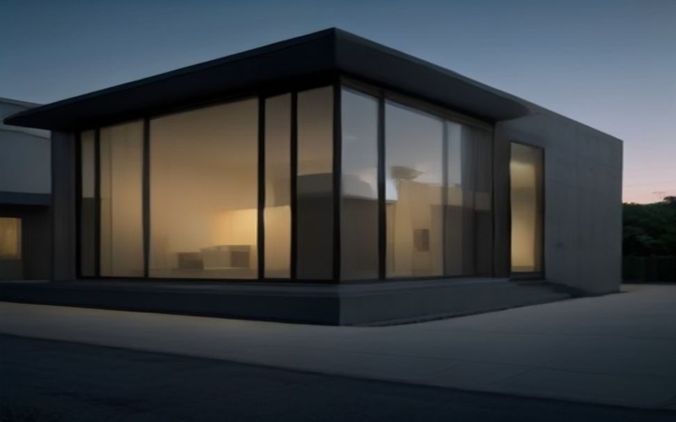 Fachada de casa em concreto com grandes aberturas envidraçadas iluminadas ao anoitecer
