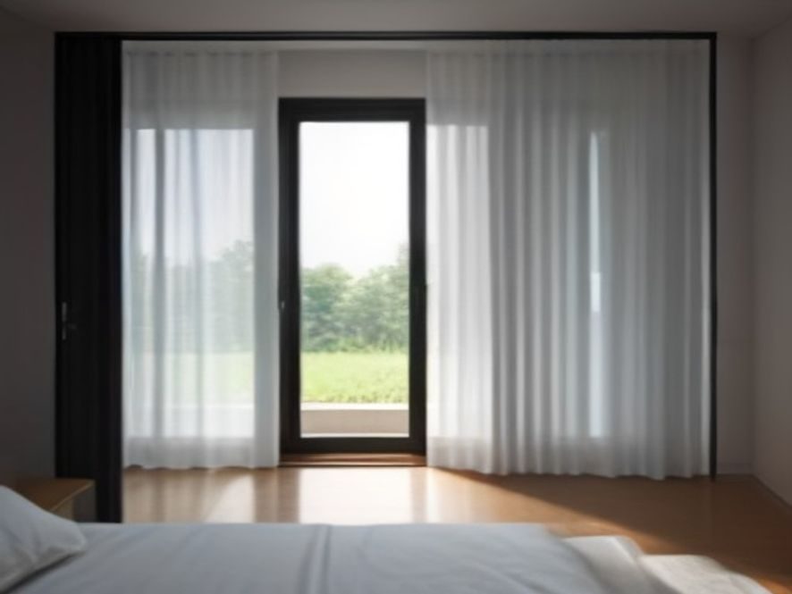 Porta-janela de abrir entre cortinas de linho, em um dormitório