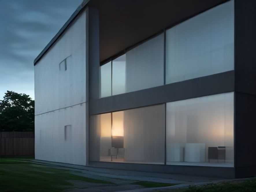 Fachada de casa contemporânea com panos de vidro iluminados ao anoitecer