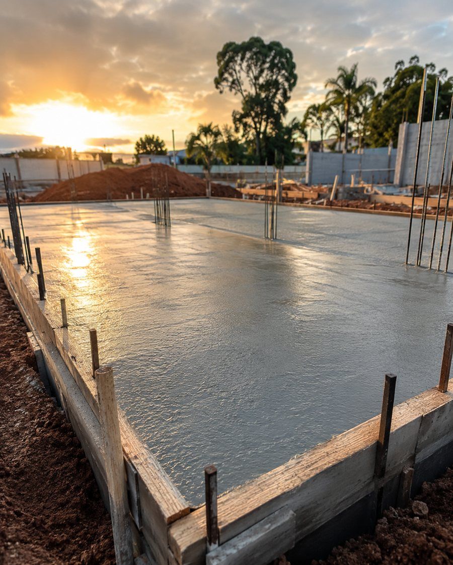 Laje de concreto recém-concretada com fôrma de madeira e ferragem