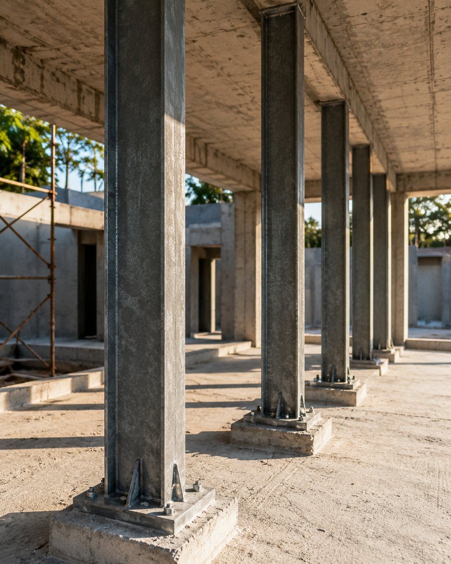 Pilares metálicos assentados sobre bases de concreto