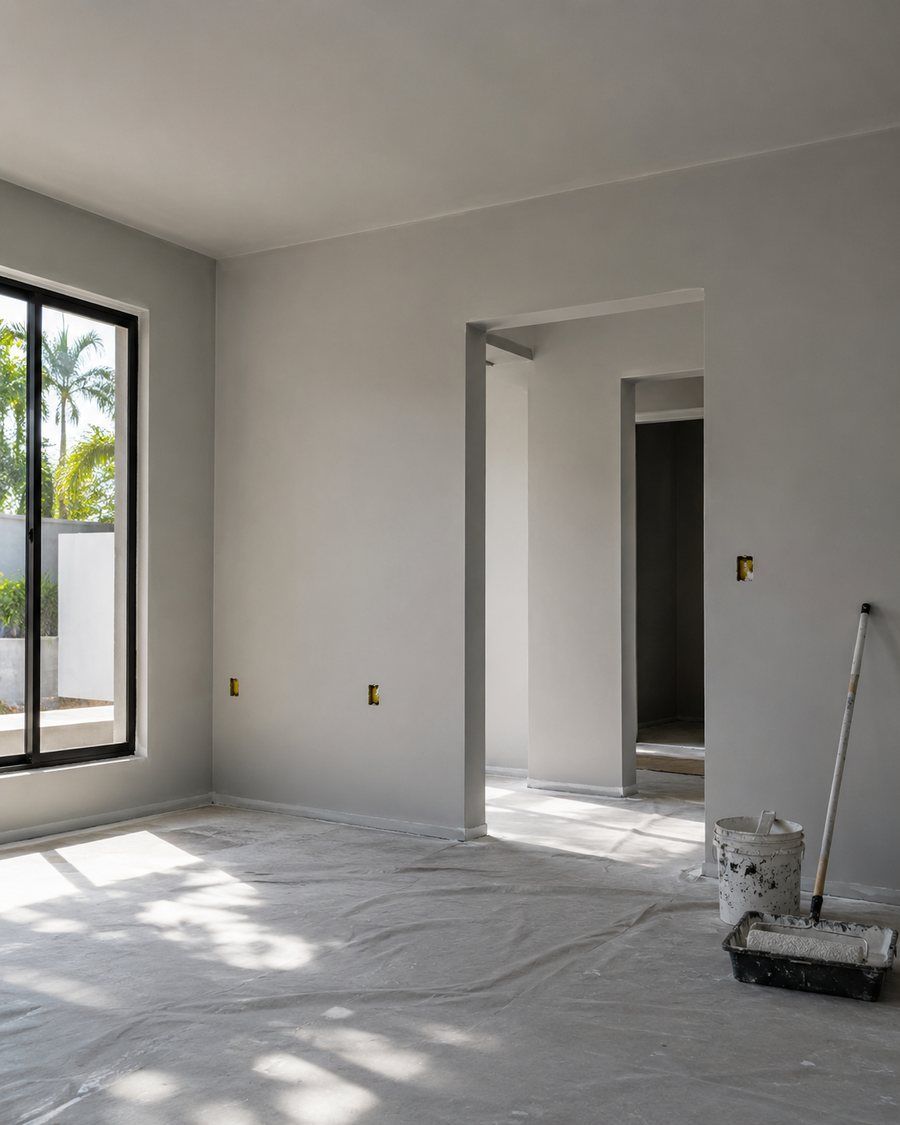 Ambiente interno pintado, com lona de proteção no piso
