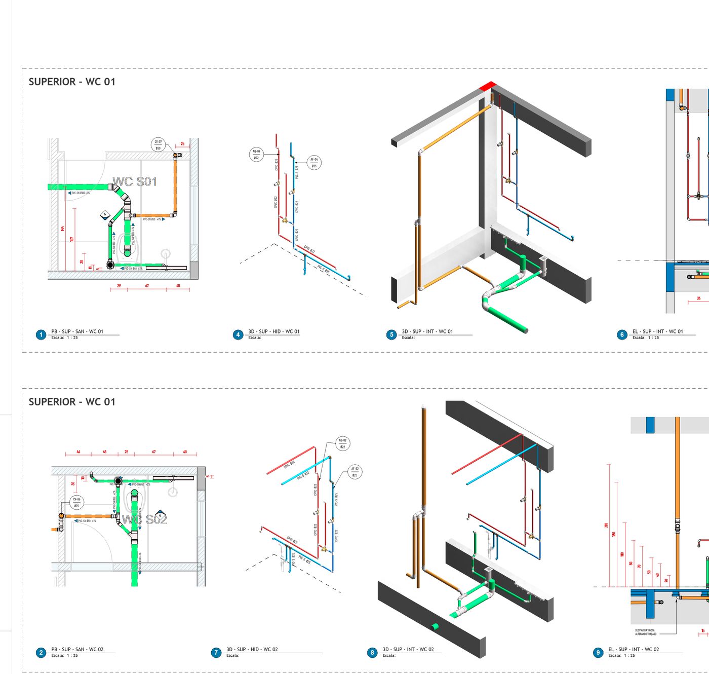 Prancha hidrossanitária com dimensionamento de ambientes do pavimento superior